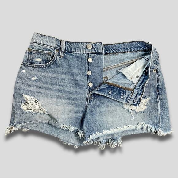GAP DISTRESSED BUTTON FLY CUTOFF FESTIVAL SHORTS LIGHT BLUE - 27 - Picture 1 of 8